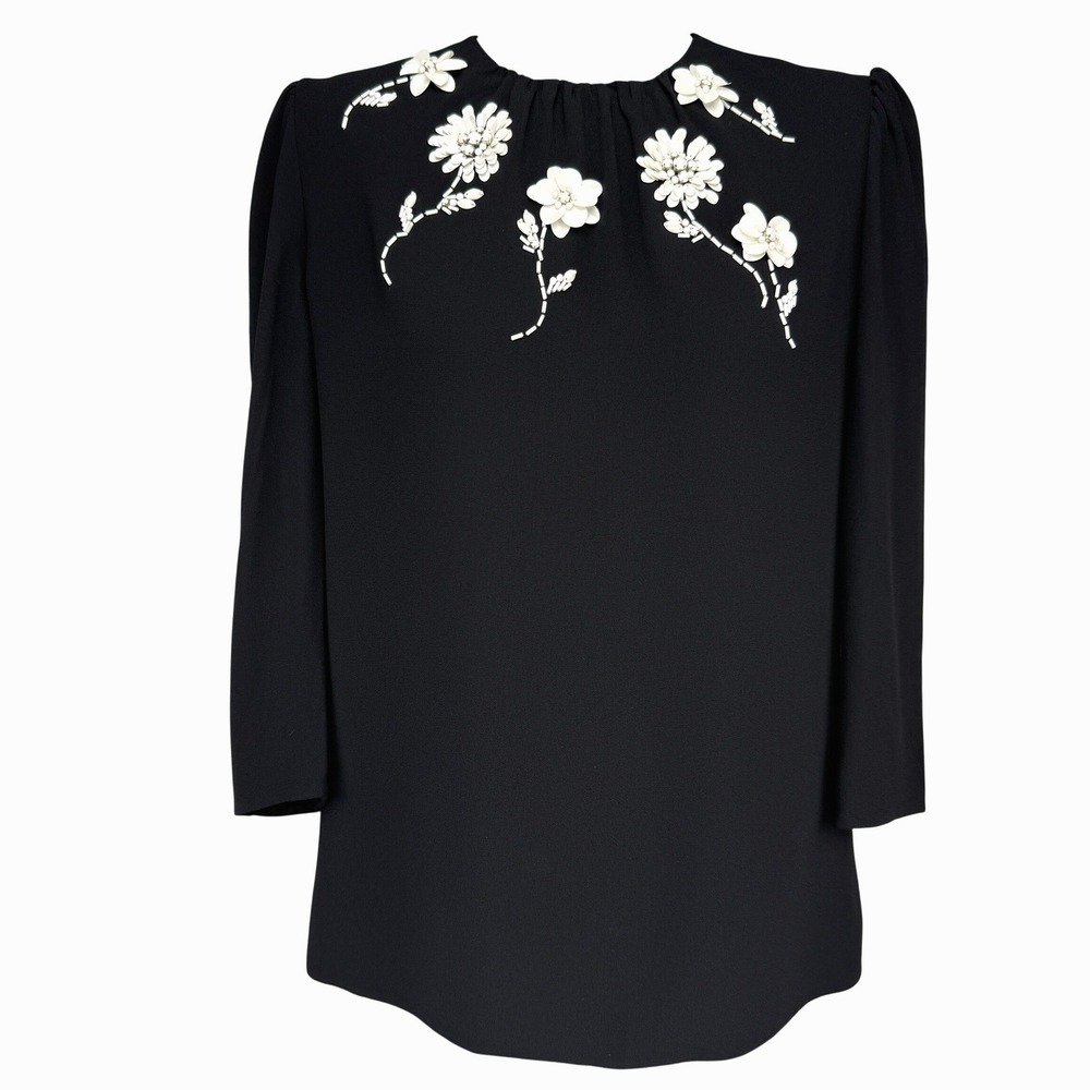 PRADA ASOTV Glamoretti Black Floral Beaded Embellished 3/4 Sleeve Blouse IT 42‎ - Picture 2 of 16